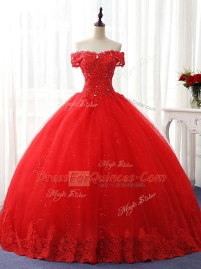 Trendy Red Lace Up Quinceanera Gown Beading and Ruffles Sleeveless Floor Length