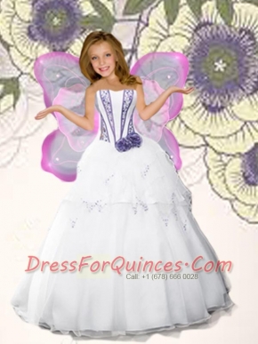 White Strapless Hand Made Flowers Organza Little Girl Pageant Dress
