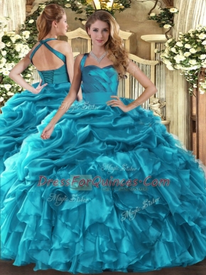 Ruffles and Pick Ups Quinceanera Dress Teal Lace Up Sleeveless Floor Length