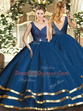 Navy Blue Ball Gowns V-neck Sleeveless Tulle Floor Length Backless Beading and Ruffled Layers Sweet 16 Quinceanera Dress