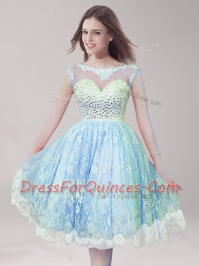 Scoop Backless Knee Length Light Blue Prom Gown Lace Sleeveless Beading