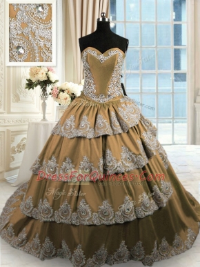Glorious Brown Ball Gowns Sweetheart Sleeveless Taffeta With Train Court Train Lace Up Beading and Appliques and Ruffled Layers Sweet 16 Dresses