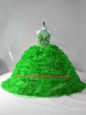 Halter Top Sleeveless Quinceanera Dress Court Train Beading and Pick Ups Green Organza