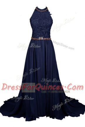 Noble Halter Top Lace Sleeveless Floor Length Beading Zipper Homecoming Dress with Navy Blue