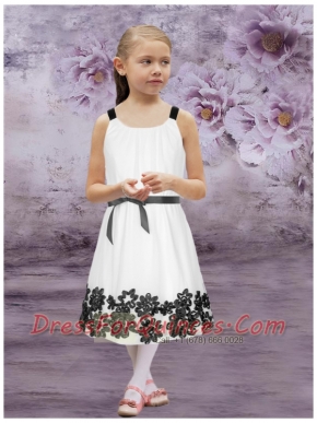 Cheap Straps Tea-length Flower Girl Dress with Appliques