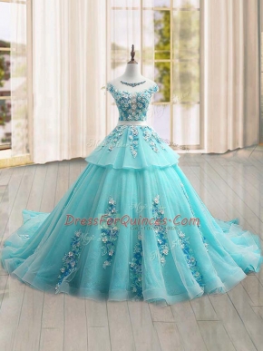 Glittering Aqua Blue Cap Sleeves Tulle Brush Train Lace Up 15 Quinceanera Dress for Military Ball and Sweet 16 and Quinceanera