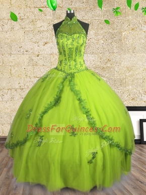 Yellow Green Halter Top Lace Up Beading Quinceanera Dresses Sleeveless