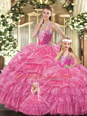 Sumptuous Rose Pink Sleeveless Tulle Lace Up Sweet 16 Dresses for Military Ball and Sweet 16 and Quinceanera