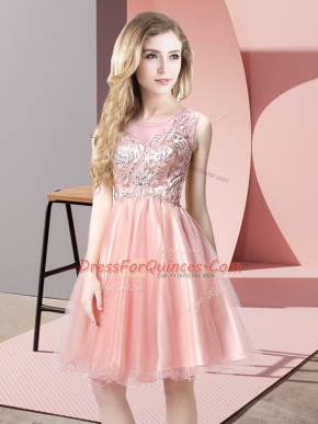 Deluxe Baby Pink A-line Scoop Sleeveless Tulle Knee Length Zipper Beading Prom Dresses