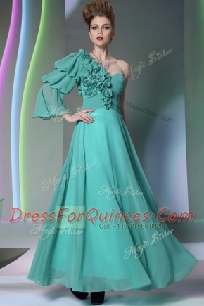 Traditional One Shoulder Long Sleeves Chiffon Floor Length Zipper Prom Evening Gown in Turquoise with Ruffles and Ruching