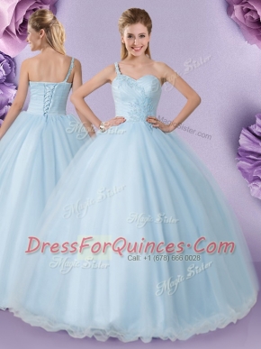 One Shoulder Sleeveless Tulle 15 Quinceanera Dress Appliques Lace Up