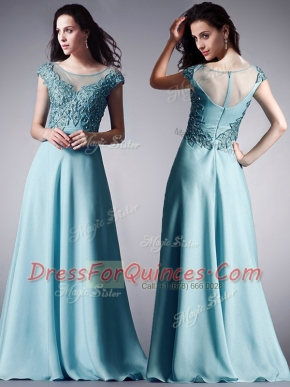 Light Blue Prom Gown Prom and For with Appliques Scoop Cap Sleeves Zipper