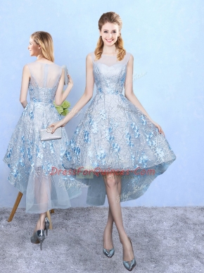 Elegant Light Blue A-line Scoop Sleeveless Tulle and Printed High Low Zipper Appliques Vestidos de Damas