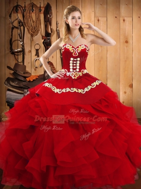 Vintage Wine Red Quinceanera Gown Military Ball and Sweet 16 and Quinceanera with Embroidery and Ruffles Sweetheart Sleeveless Lace Up