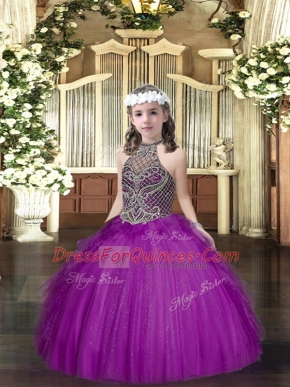 Trendy Purple Sleeveless Floor Length Beading and Ruffles Lace Up Little Girl Pageant Dress