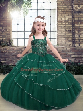 Peacock Green Lace Up Straps Beading Kids Formal Wear Lace Sleeveless