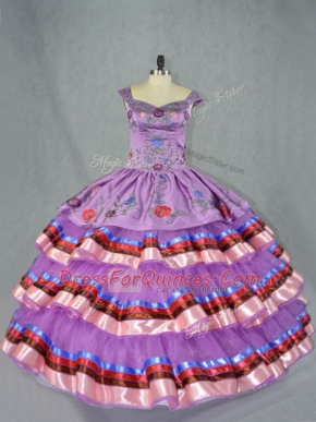 Purple Sleeveless Embroidery and Ruffled Layers Floor Length Quinceanera Dress