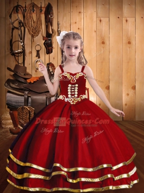 Straps Sleeveless High School Pageant Dress Floor Length Beading and Embroidery and Ruffled Layers Red Organza