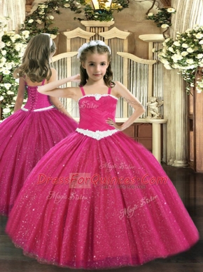 High End Hot Pink Sleeveless Floor Length Appliques Zipper Little Girls Pageant Dress Wholesale