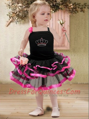 Modest Ball Gown Straps Tea-length Beading Black Little Girl Dress