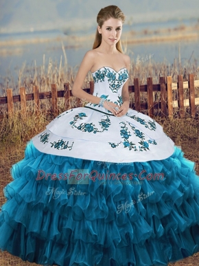 Eye-catching Ball Gowns Ball Gown Prom Dress Blue And White Sweetheart Organza Sleeveless Floor Length Lace Up