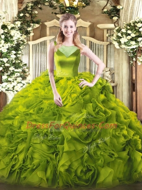 Scoop Sleeveless Ball Gown Prom Dress Floor Length Beading Olive Green Fabric With Rolling Flowers