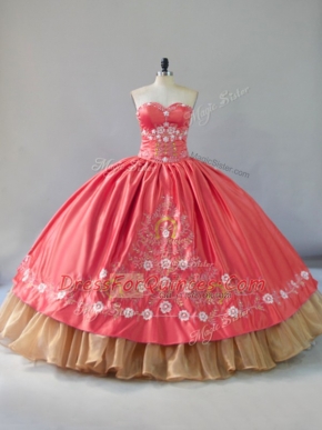 Clearance Watermelon Red Satin and Organza Lace Up Quinceanera Gowns Sleeveless Floor Length Embroidery