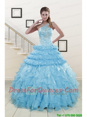 2015 Pretty Baby Blue Sweet 15 Dresses with Beading
