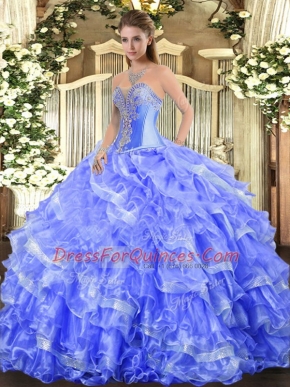 Popular Floor Length Blue Quince Ball Gowns Organza Sleeveless Beading and Ruffled Layers