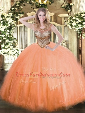 Glittering Beading Ball Gown Prom Dress Orange Red Lace Up Sleeveless Floor Length