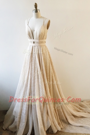 Fantastic Champagne Sleeveless Court Train Lace and Sashes ribbons With Train Dress for Prom
