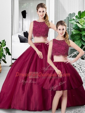 Fuchsia Sleeveless Floor Length Lace and Ruching Zipper Sweet 16 Dress