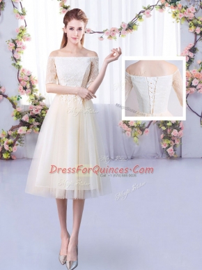 Tulle Off The Shoulder Half Sleeves Lace Up Lace Vestidos de Damas in Champagne