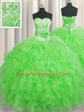 Charming Handcrafted Flower Green Ball Gowns Beading and Ruffles and Hand Made Flower Sweet 16 Dresses Lace Up Organza Sleeveless Floor Length