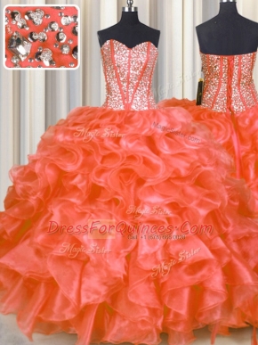 Artistic Beading and Ruffles Vestidos de Quinceanera Red Lace Up Sleeveless Floor Length