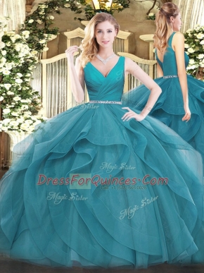 Affordable Teal Ball Gowns Tulle V-neck Sleeveless Beading and Ruffles Floor Length Zipper Vestidos de Quinceanera
