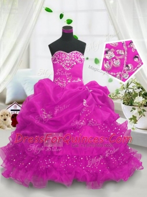 Fuchsia Sweetheart Neckline Beading and Ruffled Layers and Pick Ups Child Pageant Dress Sleeveless Lace Up