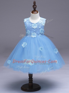 Light Blue Sleeveless Knee Length Appliques and Bowknot Zipper Flower Girl Dresses