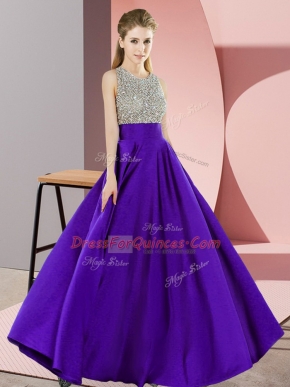 Floor Length Purple Party Dresses Elastic Woven Satin Sleeveless Beading