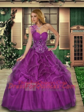 2015 One Shoulder Beaded Decorate Bodice Organza Sweet 16 Dress in Purple