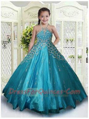 Teal Ball Gown Halter Beading Little Gril Pageant Dresses