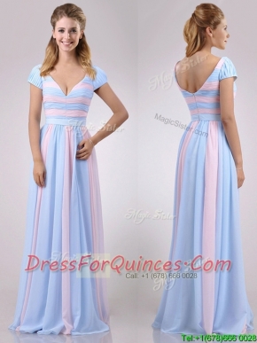 New Deep V Neckline Chiffon Prom Dress in Baby Pink and Light Blue