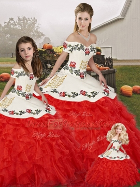 Off The Shoulder Sleeveless Lace Up Sweet 16 Dress White And Red Organza