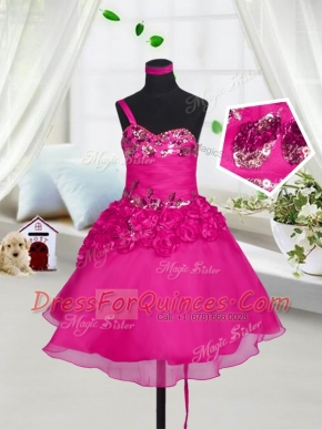 Clearance Fuchsia Sleeveless Beading and Hand Made Flower Knee Length Pageant Gowns For Girls