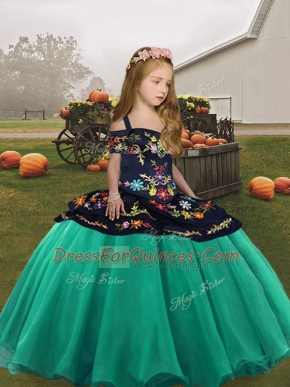 Amazing Turquoise Ball Gowns Straps Sleeveless Organza Floor Length Lace Up Embroidery Little Girl Pageant Dress