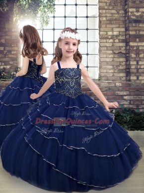 Navy Blue Lace Up Little Girls Pageant Gowns Beading Sleeveless Floor Length