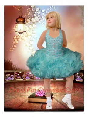 Popular Ball Gown Halter Mini-length Beading Hot Pink Little Girl Dress