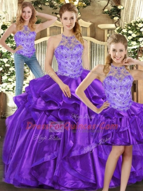 Purple Lace Up Vestidos de Quinceanera Beading and Ruffles Sleeveless Floor Length