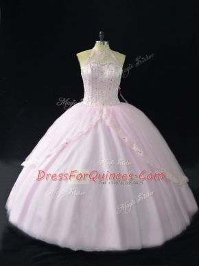 Spectacular Pink Sweet 16 Dress Tulle Sleeveless Beading and Appliques