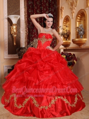 Red Ball Gown Strapless Floor-length Organza Beading Quinceanera Dress
